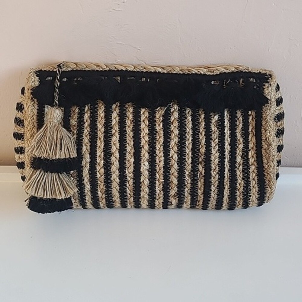 Francesca's Black and Natural Woven Clutch Handbag With Large Tassel